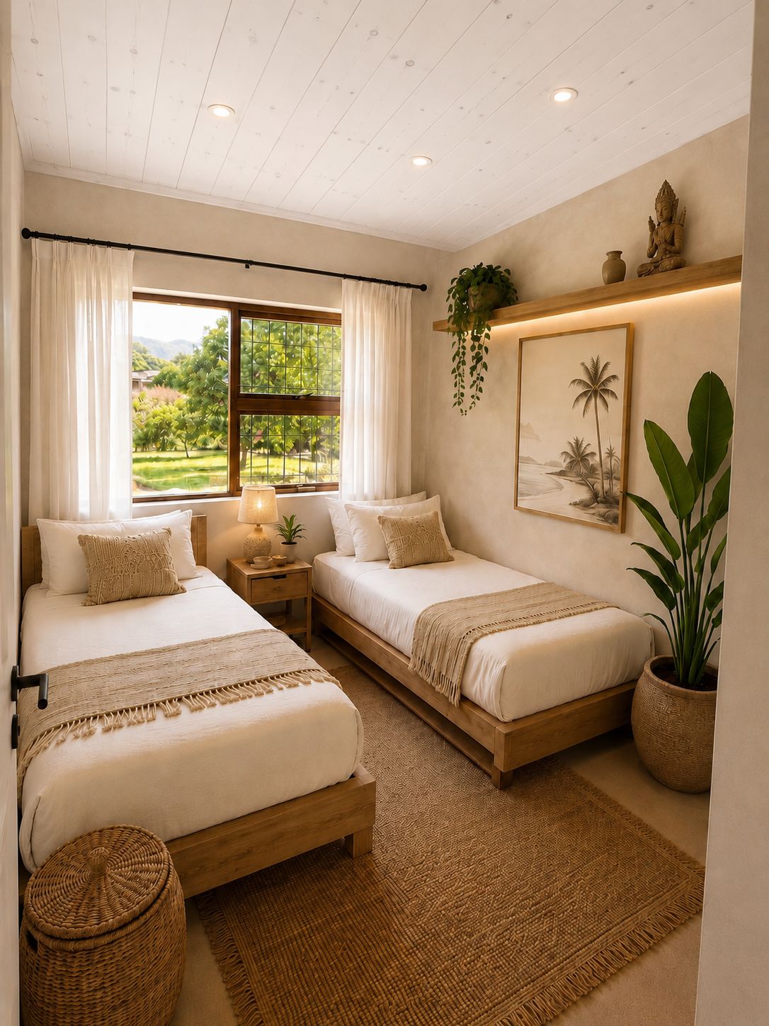 Twin bedroom styled with warm timber and natural linen