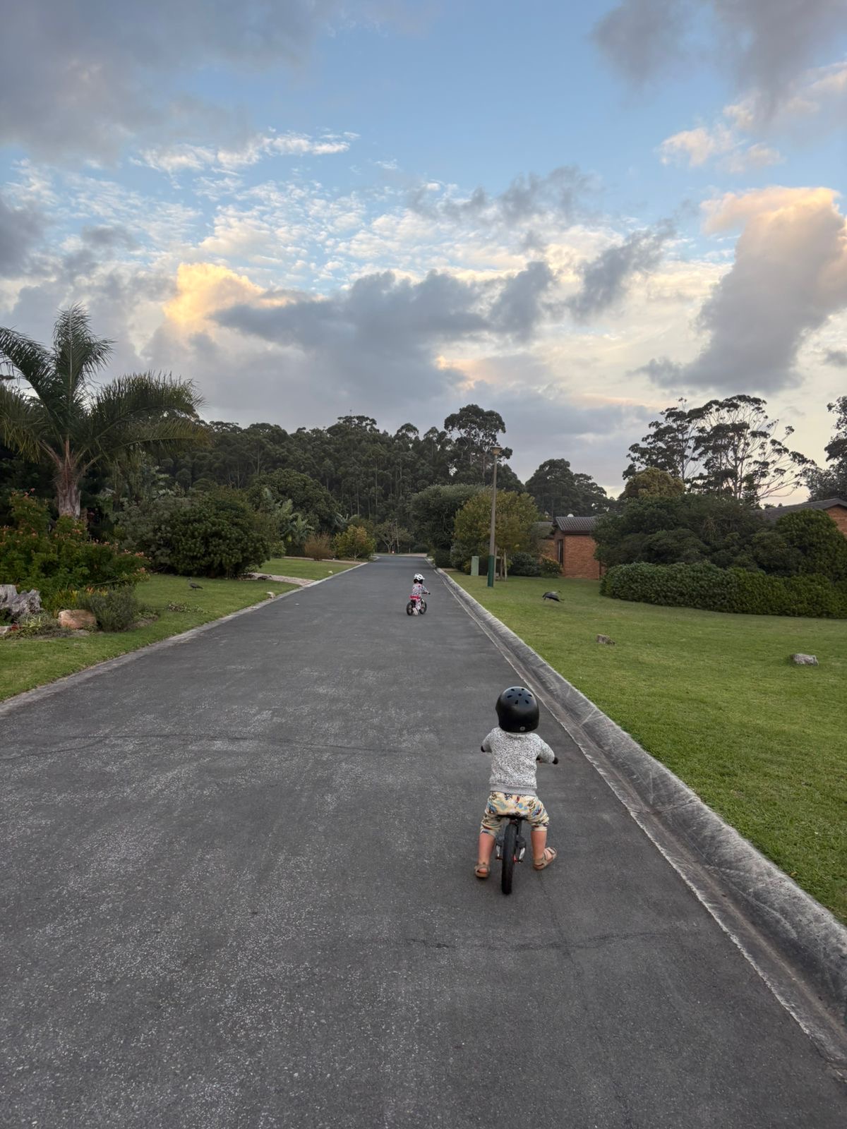 Two young children riding balance bikes along a quiet estate road at dusk