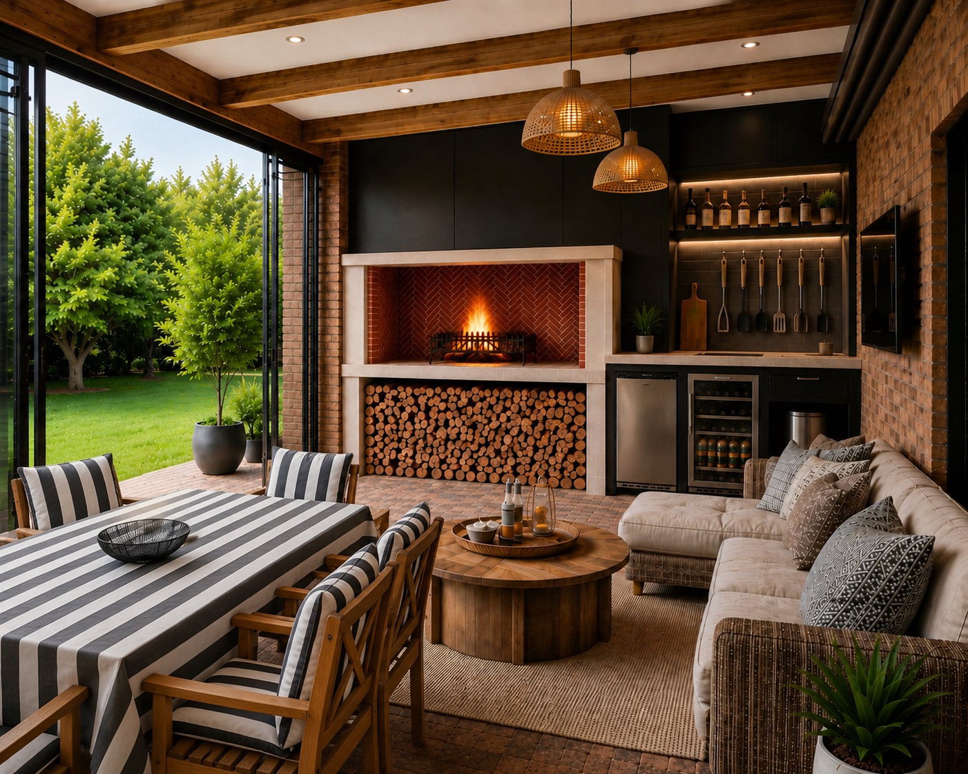 Covered entertainment room with fireplace, dining and garden access