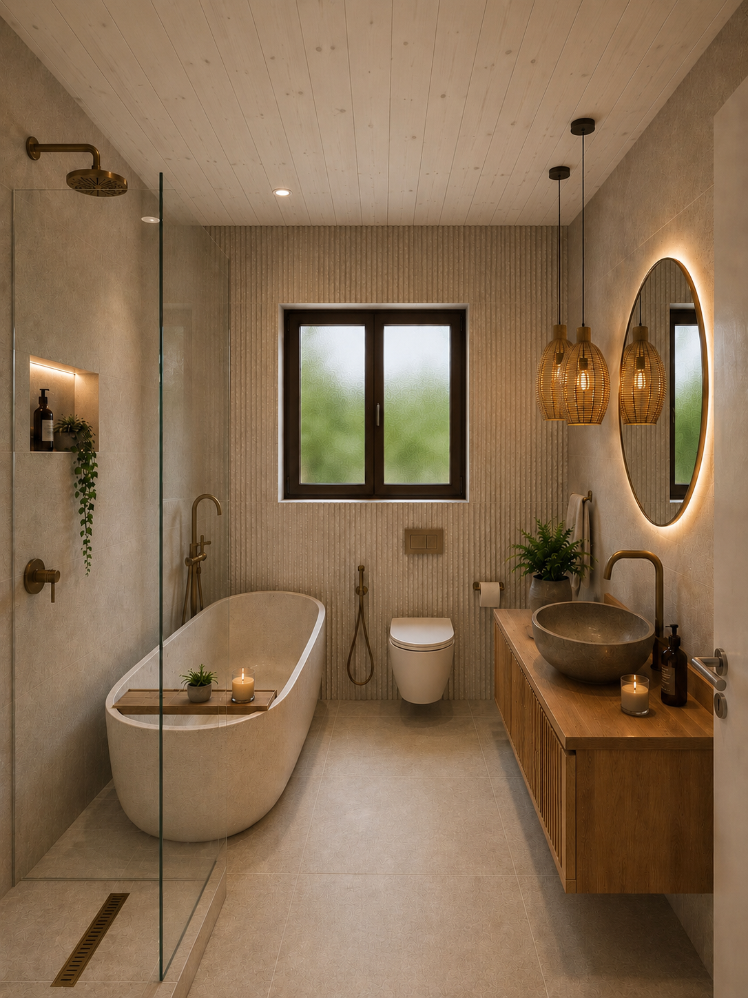 Spa bathroom with a freestanding bath and walk-in shower