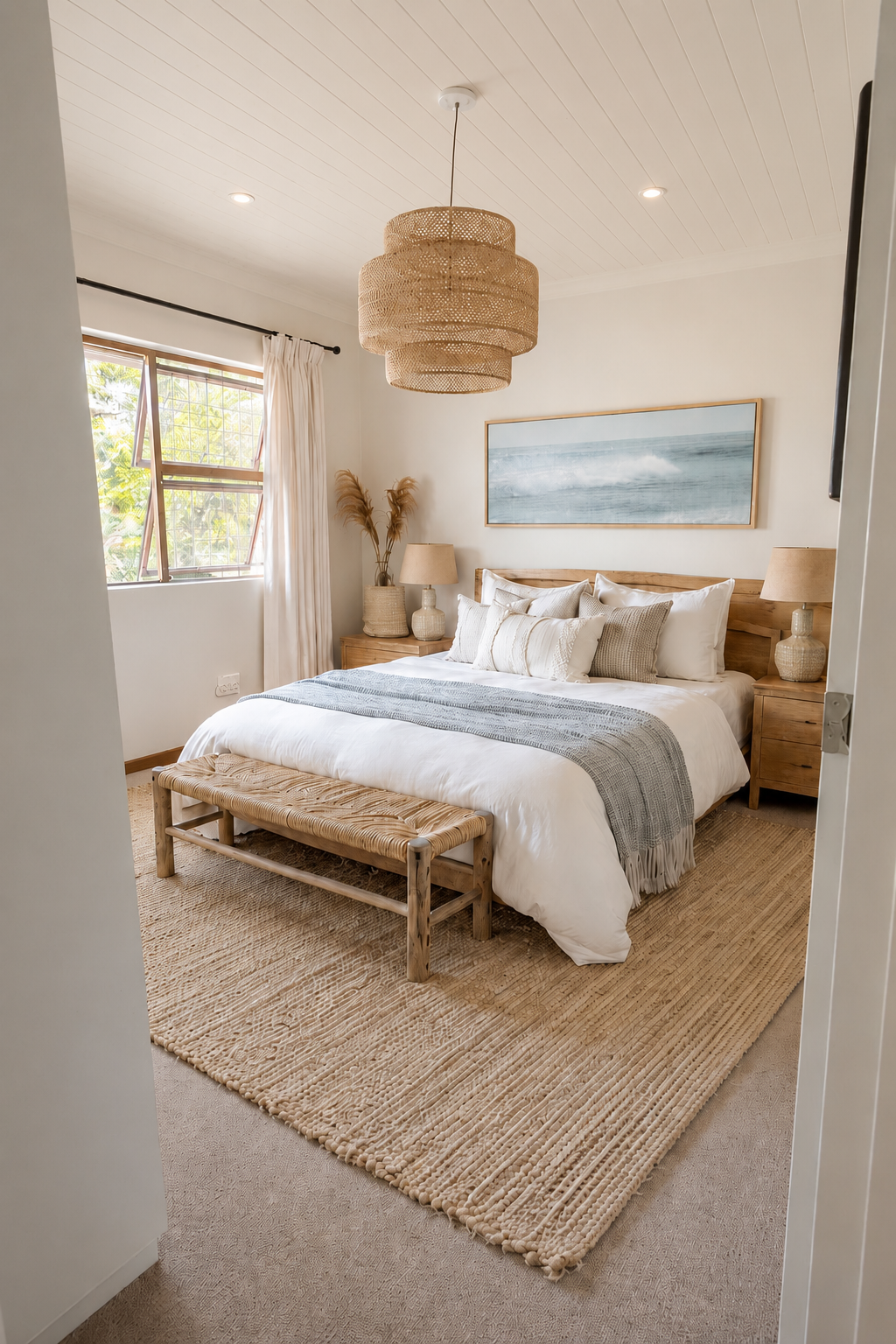 Calm main bedroom with natural timber and woven textures