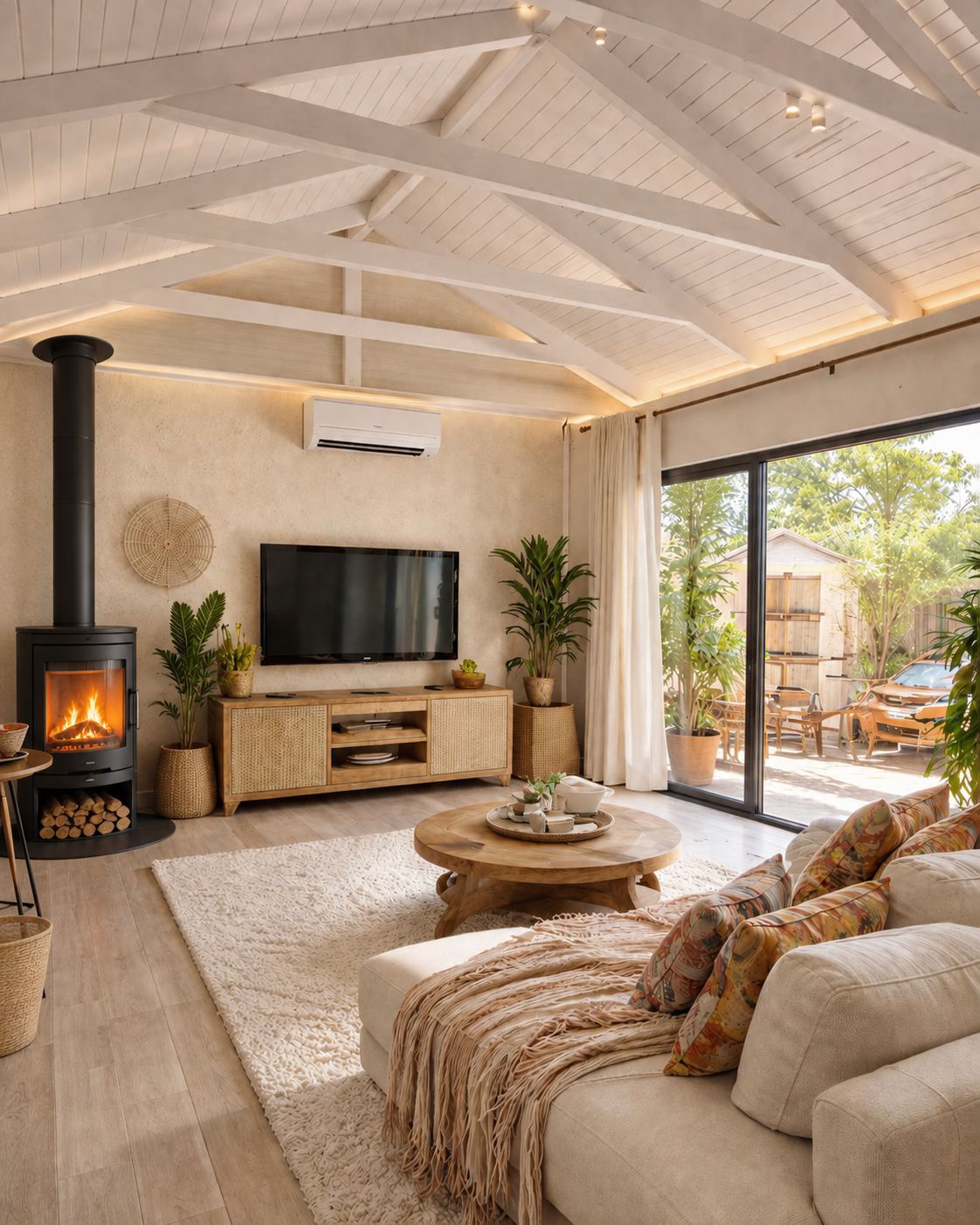 Light-filled lounge with a wood-burning fireplace and garden access