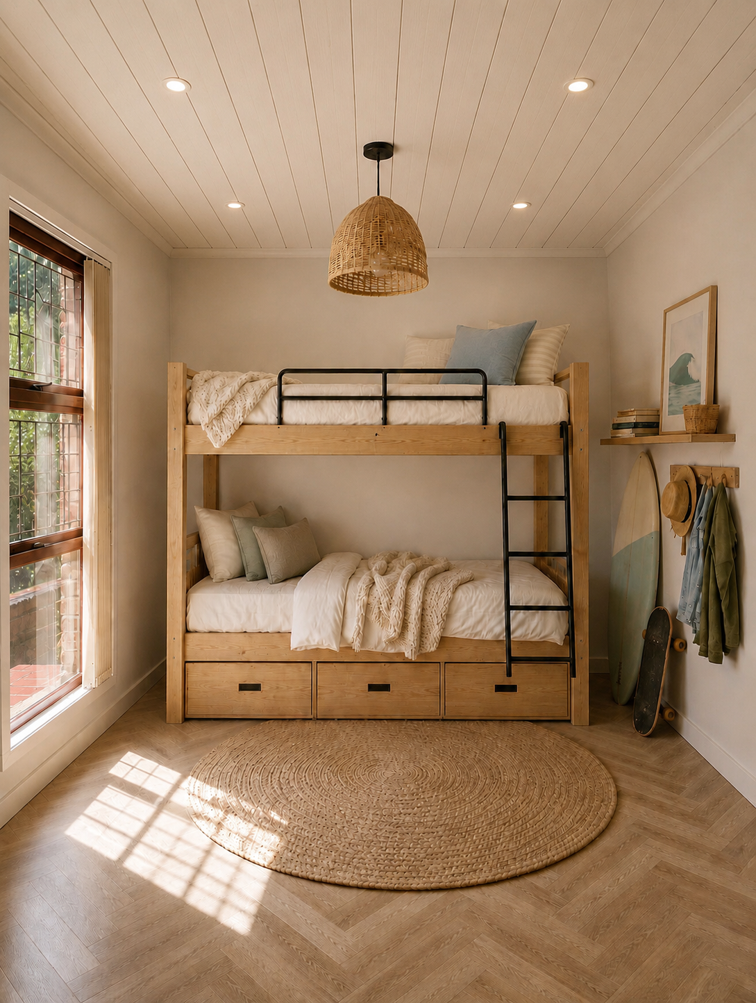 Bright children's bunk room with generous built-in storage
